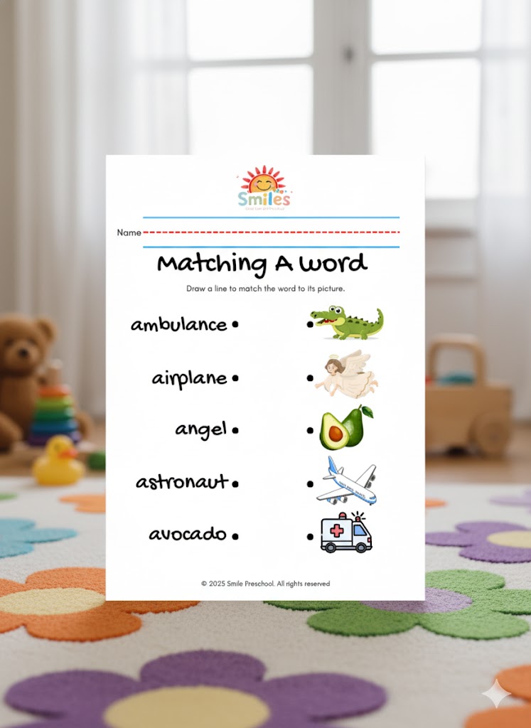 🧩 Matching a Word | Vocabulary & Reading Skills | Printable Preschool Literacy Activity
